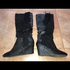 Just Fab black tall suede boots with fringe.